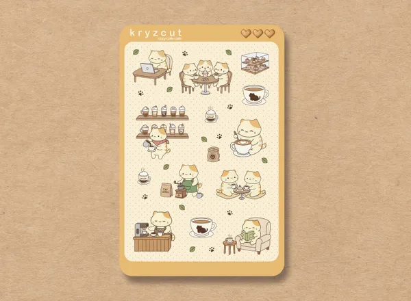 Cats in a cozy cafe with coffee and pastries sticker sheet