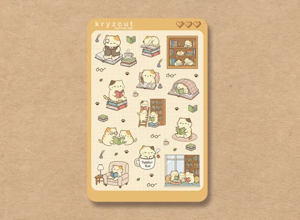 Bookworm cats reading cozy novels, aesthetic sticker sheet