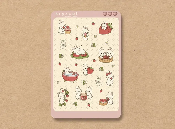 Cottagecore strawberry bunny sticker sheet in pink and cream