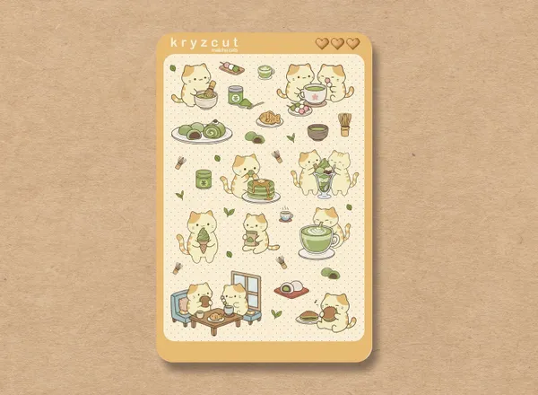 Cute cats sipping matcha green tea, kawaii sticker sheet