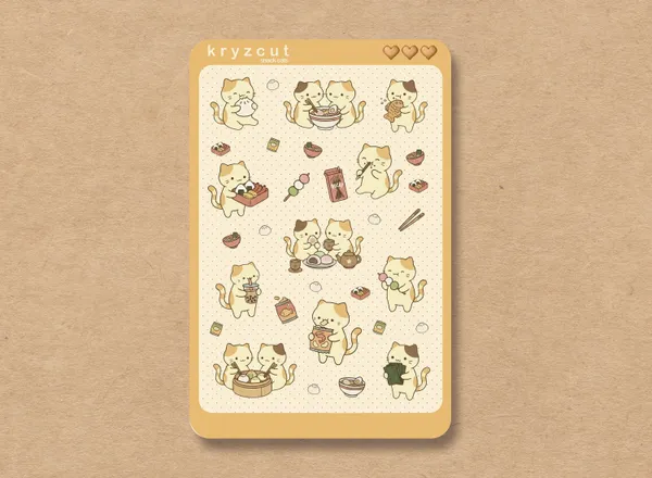 Kawaii cat stickers with dumplings, mochi, tea, and Asian snacks
