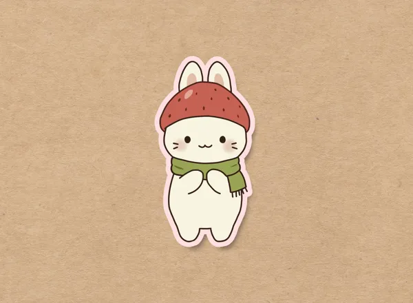 Strawberry bunny wearing a cozy green scarf, waterproof vinyl sticker