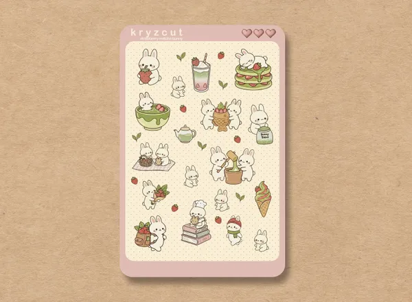 Tea-loving bunnies with strawberries and matcha, kawaii sticker sheet