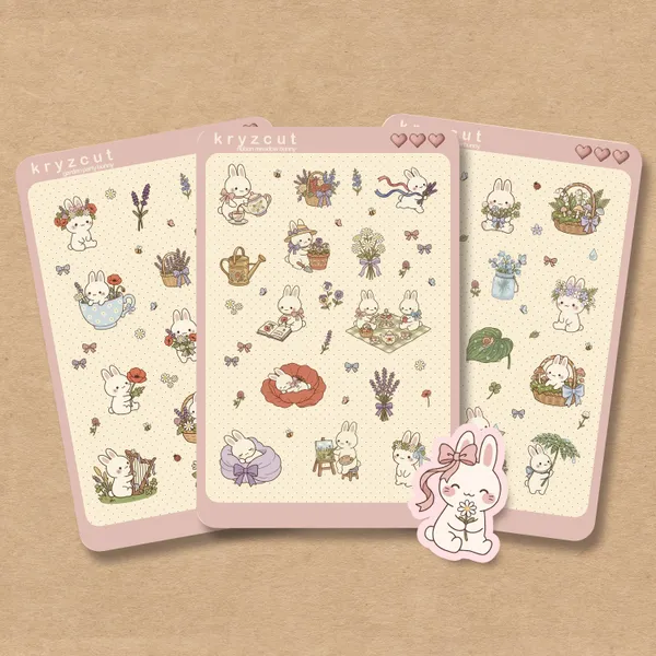 Coquette botanical bunny sticker sheet with ribbons and florals